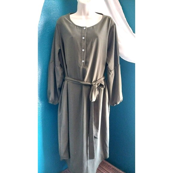 NWT Bloomchic 14-16 Solid Button Pocket Lantern Sleeve Tie Up Dress GREEN Dress - Picture 3 of 9